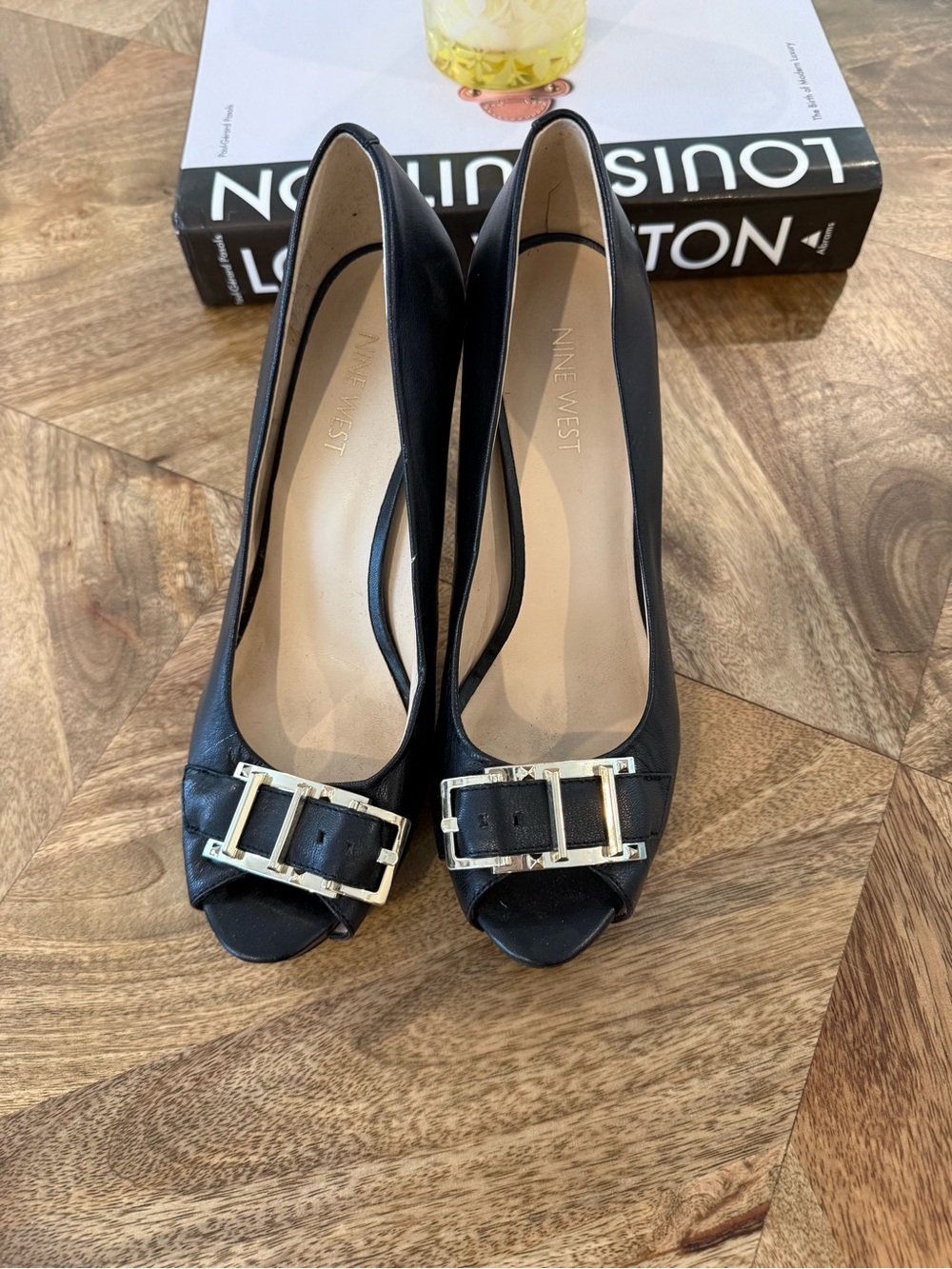 Nine West Black Peep-Toe Heels with Gold Buckle Detail